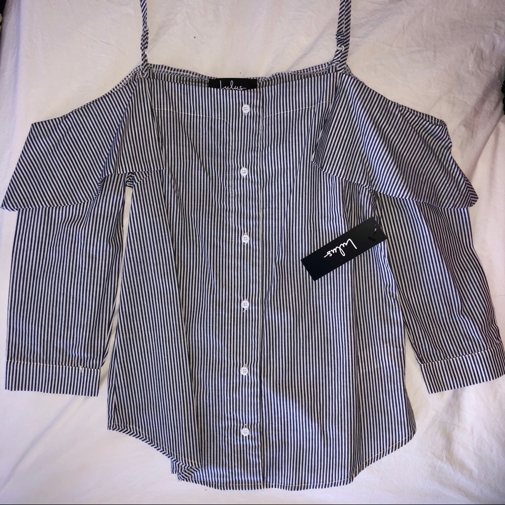 Lulus Blue&White Button Down Off the Shoulder Top